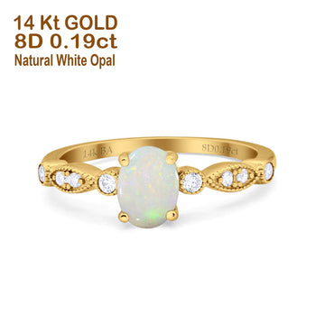14K Yellow Gold 0.19ct Oval Vintage Style 8mmx6mm G SI Natural White Opal Diamond Engagement Wedding Ring Size 6.5